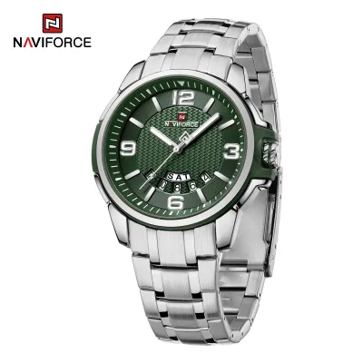 NAVIFORCE 9215 Men Wristwatch Top Brand Luxury Waterproof Watch Original Stainless Steel Sport Military Quartz Male Clock - Silver Green